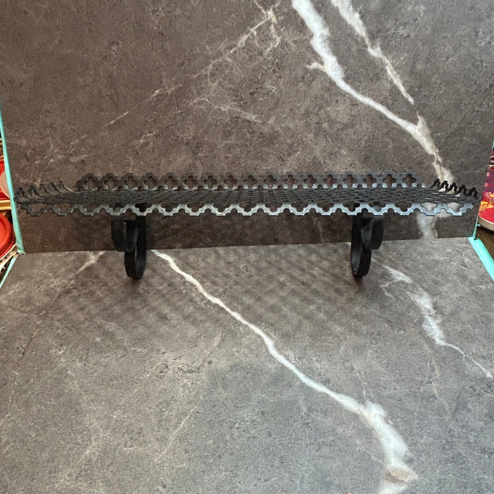 Vintage Black Metal Wall Shelf Quatrefoil Perforated Scroll Bracket 14 Inch